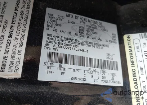 2007 Lincoln Navigator Ultimate from USA, damaged, VIN 5LMFU27557LJ14895